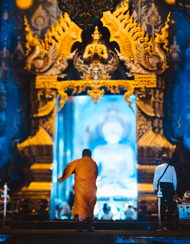 The vibrant blue color of the temple represents the journey to inner peace and enlightenment in Buddhist teachings. Blue is often associated with wisdom, clarity, and tranquility, making it a fitting choice for a spiritual sanctuary.